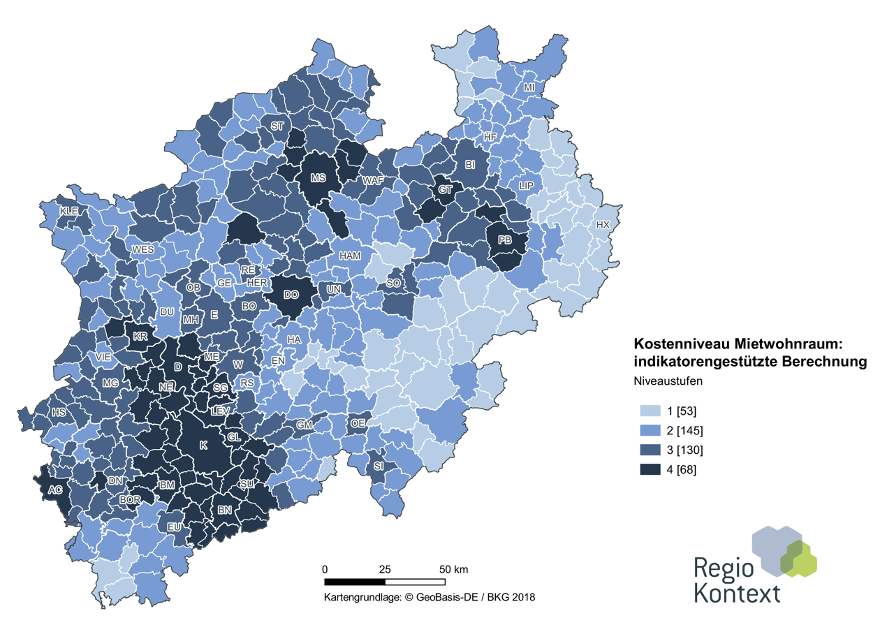 Titel: Gebietskulisse Kostenniveau Mietwohnraum, Bildunterschrift: Darstellung der Gebietskulisse Kostenniveau Mietwohnraum 2024, Quelle: Gutachten zu Erstellung der Gebietskulissen für die Wohnraumförderung in Nordrhein-Westfalen