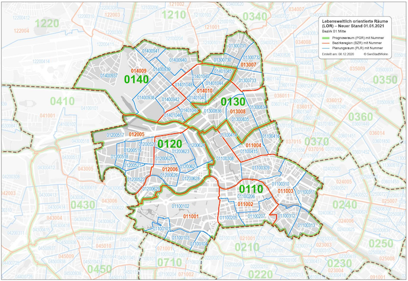 SenSBW Berlin (2020) Lebensweltlich orientierte Räume (LOR) / Karte Friedrichshain-Kreuzberg